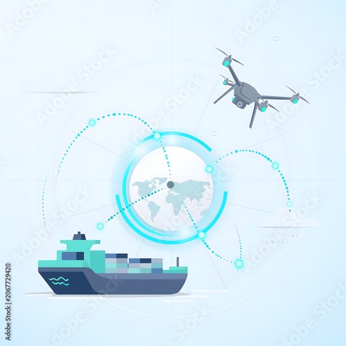 global supply chain featuring a large cargo ship and an autonomous delivery drone connected by digital network lines for modern logistics and shipping technology