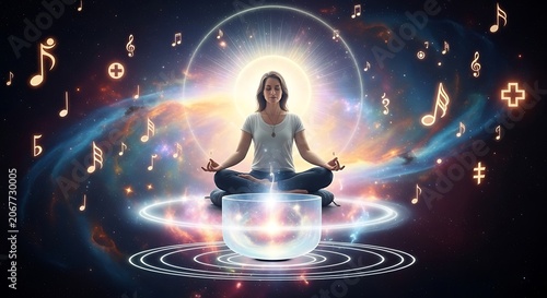Woman meditating in cosmic nebula surrounded by glowing musical notes