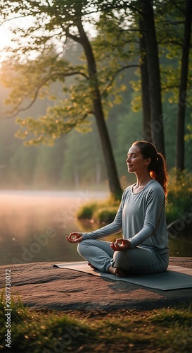 Woman meditating in lotus pose by tranquil foggy lake at sunrise