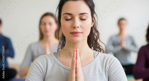Woman meditating in yoga class, hands together, eyes closed