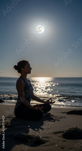 Woman meditating on beach under moonlight