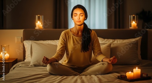 Woman meditating on bed in dimly lit room surrounded by candles