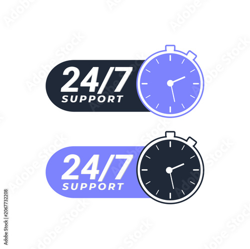 24/7 customer support icon set with clock and stopwatch, non-stop service vectors. Modern Round the Clock Customer Service and Availability Icons.