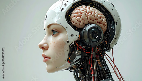 Futuristic female humanoid robot with exposed biological brain and mechanical internal components profile view.