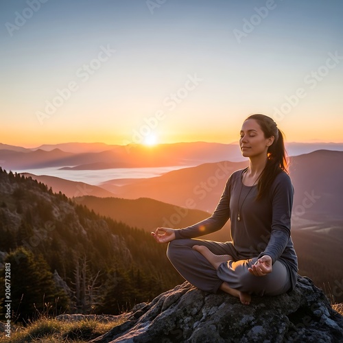 Woman meditating peacefully on mountain peak at sunrise. Calmness