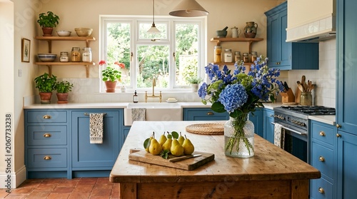  Inviting rustic‑modern kitchen with blue cabinetry