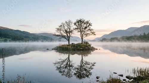  Misty lake island with twin trees reflection