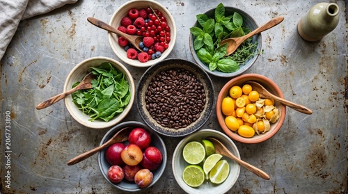 Colorful bowls of fresh ingredients on rustic surface
