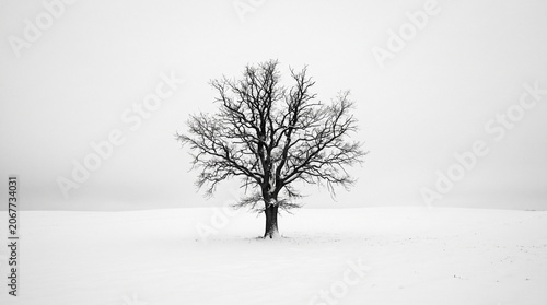 Solitary leafless tree in snowy landscape