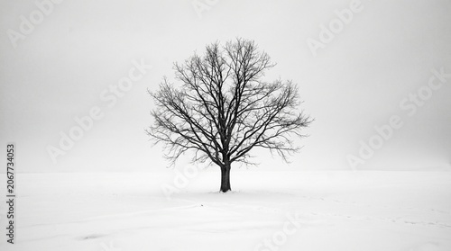 Solitary leafless tree in snowy landscape