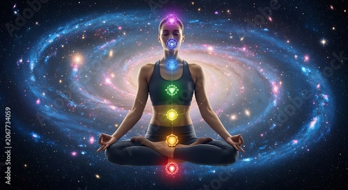 Woman meditating with vibrant chakra lights superimposed against a swirling galaxy