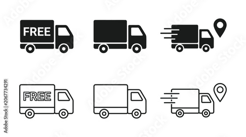 Set of six modern flat design vector icons representing delivery trucks and free shipping services with location pins