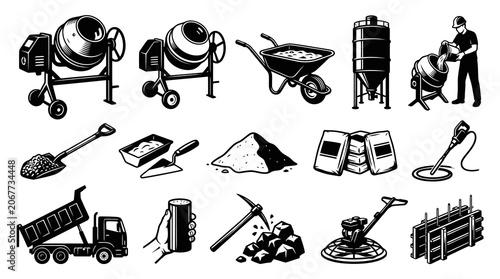 Concrete Construction Tools  Equipment Icons Set. Black  White Line Art Engraving Style Illustrations.