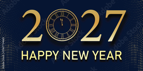 2027 happy new year background with clock 