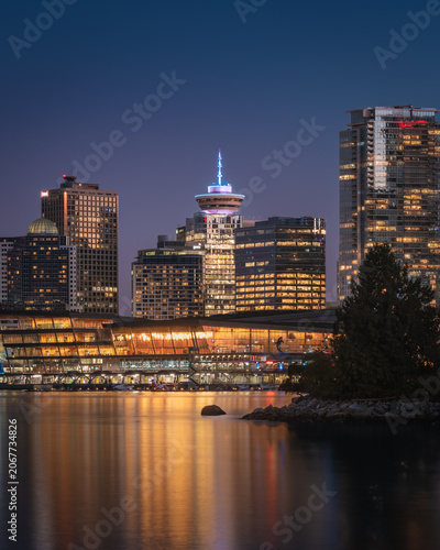 Illuminated downtown Vancouver skyline at night, British Columbia, Canada