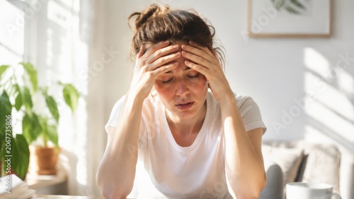 A woman with eyes closed holding her temples, experiencing a painful migraine or tension headache, needing calm and relief from the intense pressure