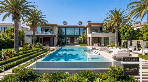 Luxury modern house with pool and palm trees in tropical setting for sale