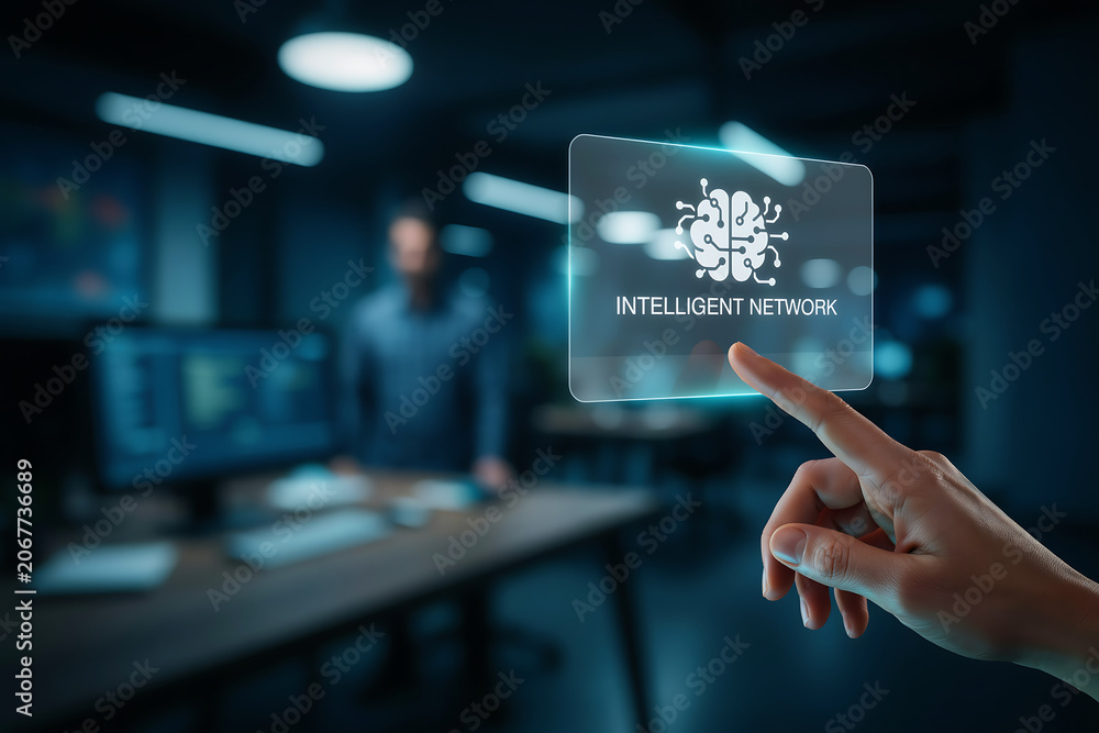 Fototapeta premium Hand Pointing to Intelligent Network Virtual Screen Graphic with AI Brain Icon for Artificial Intelligence Machine Learning and Futuristic Tech Concept