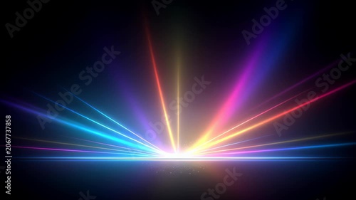 Neon light rays shine on the dark background.