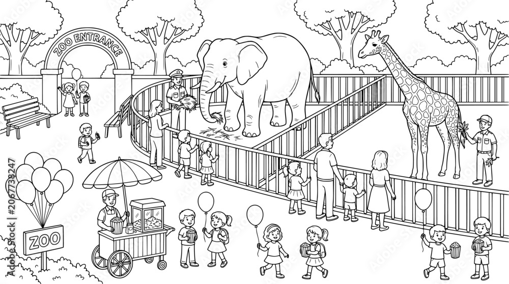 Fototapeta premium Kids Zoo Animals Coloring Page Adventure Scene Kids Coloring Book Line Art Vector Illustration