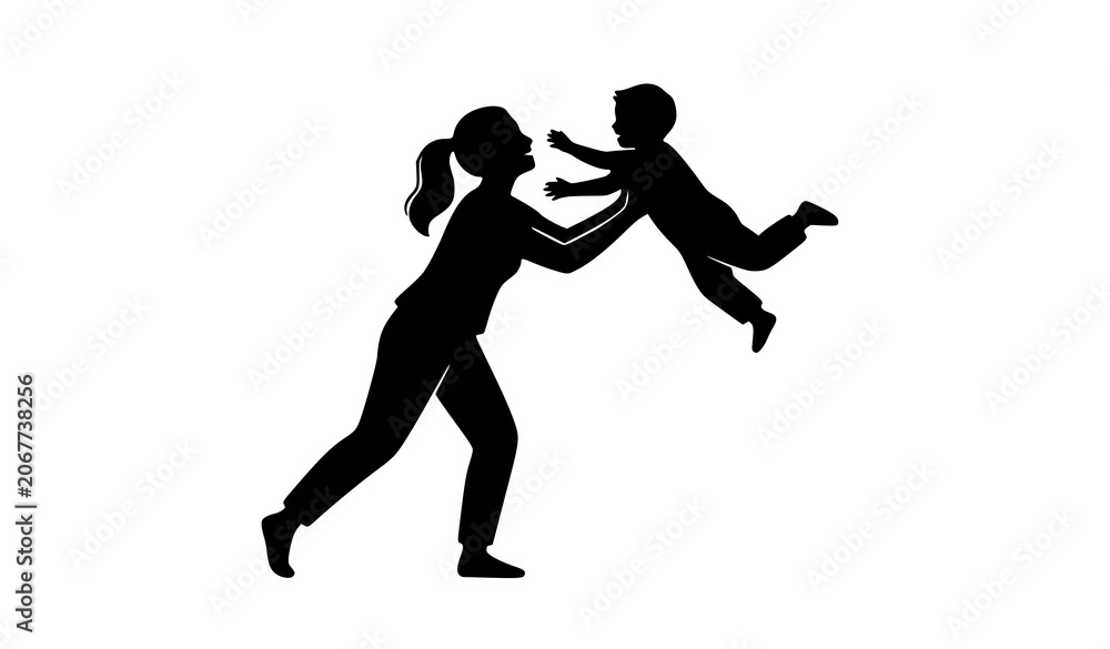 Obraz premium Mother lifting child silhouette playful bonding interaction vector illustration minimal style