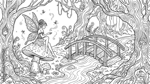 Enchanted Forest Fairy Coloring Page Fantasy Scene Adult Coloring Book Line Art Vector Illustration
