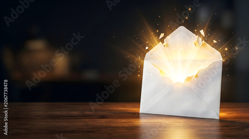 Open Envelope with Magical Golden Light Radiating on Wooden Desk.