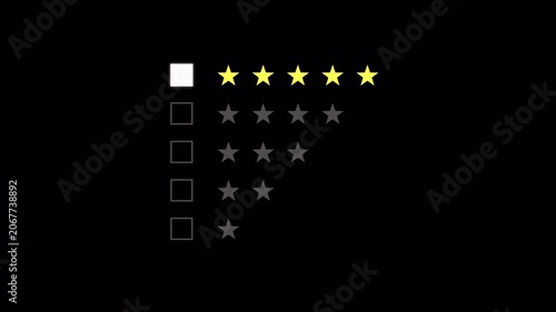 5 rating star animation, isolated on alpha channel. Five stars rating motion for user review on 4K 