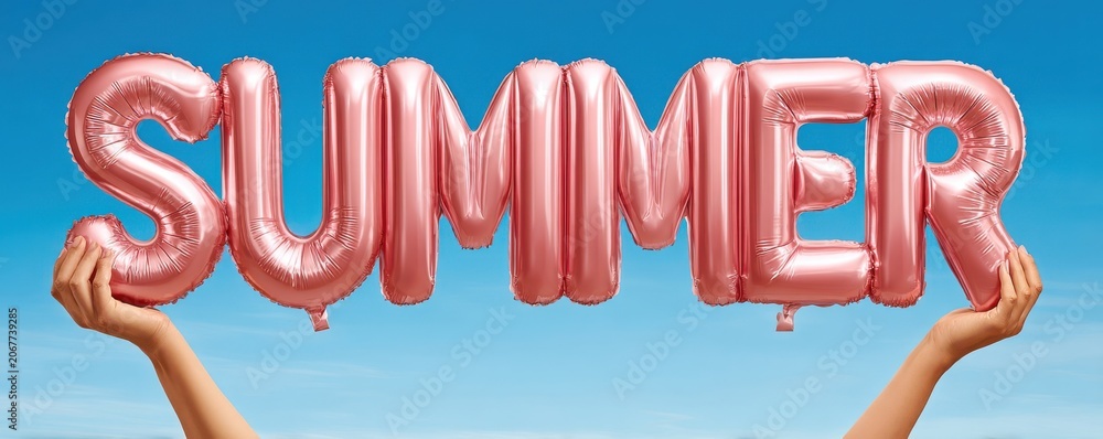 Fototapeta premium Hands holding pink metallic balloons spelling summer against a bright blue sky for seasonal celebration
