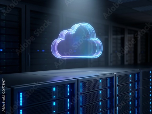 Glowing 3D holographic cloud symbol floating over server racks in a dark data center with blue LED lights