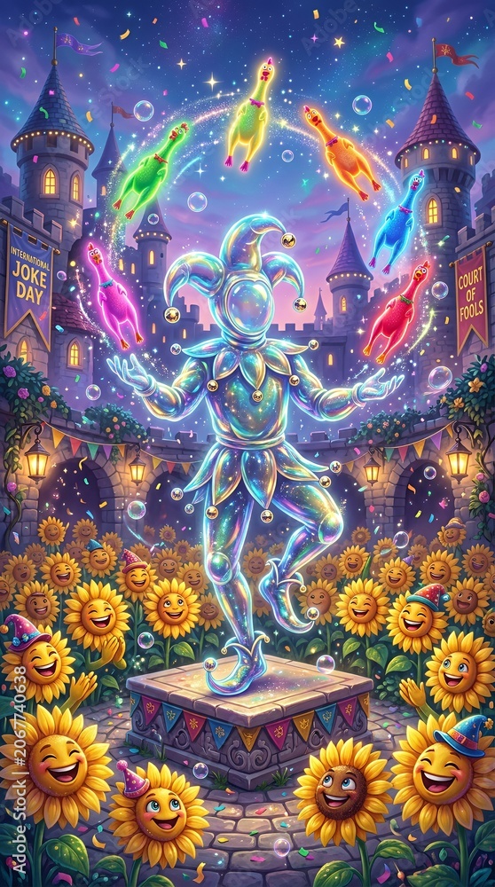 Obraz premium Vibrant magical jester juggling colors in sunflower field.