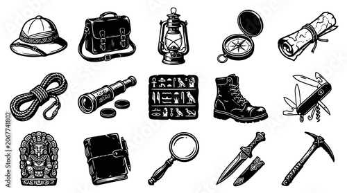 Black  White Line Art Vintage Explorer Tools and Archaeology Icons Set for Adventure  Discovery
