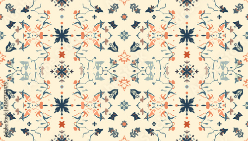 Tableau sur toile A seamless repeating pattern featuring a folk-inspired geometric design with floral and star motifs in cream, coral, and navy blue