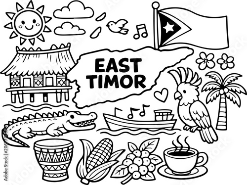 east timor cartoon outline hand drawn Line Art illustration doodle art coloring page for kids