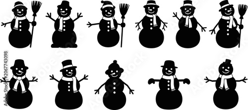 Snowman silhouette icons, winter vector set, Christmas illustration, holiday decoration graphic, festive design, seasonal art, joyful snow figure collection