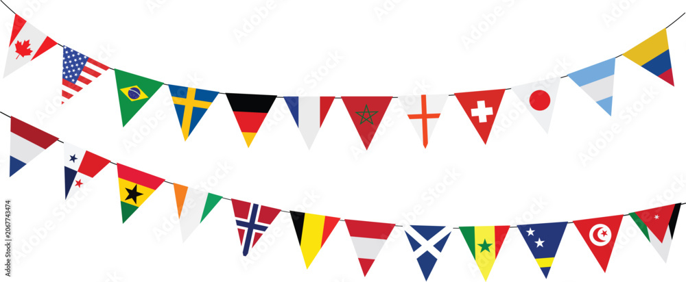 Obraz premium International country flags pennant garland isolated on transparent background for Banner, Poster and Card Design