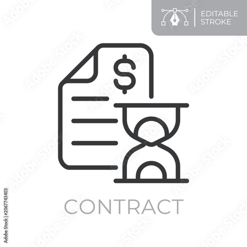 Contract line icon. Editable stroke outline symbol of document with dollar sign and hourglass for agreement, payment terms, billing period, deadline and financial documents. Flat vector illustration.