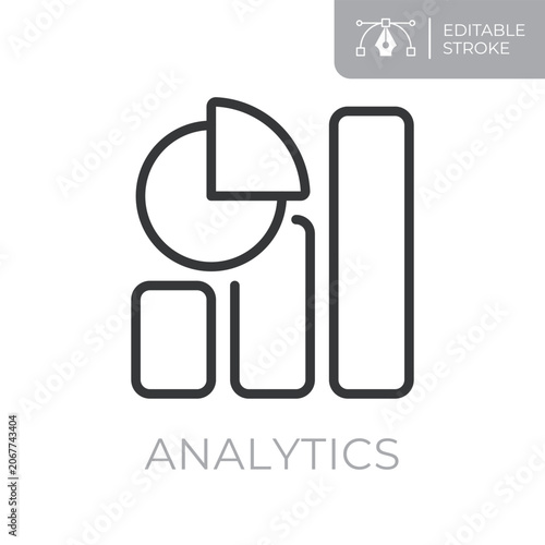 Analytics line icon. Editable stroke outline symbol of charts and pie graph for data analysis, business intelligence, reporting, performance tracking and metrics visualization. Flat vector illustratio