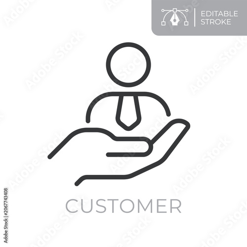 Customer line icon. Editable stroke outline symbol of person in hand for customer care, client management, user support, customer service and relationship management. Flat vector illustration.