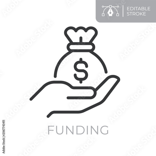 Funding line icon. Editable stroke outline symbol of hand holding money bag for investment, funding, capital, financial support and business financing. Flat vector illustration.