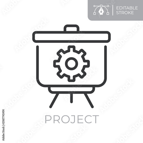 Project line icon. Editable stroke outline symbol of presentation board with gear for project management, planning, workflow, business operations and process control. Flat vector illustration.