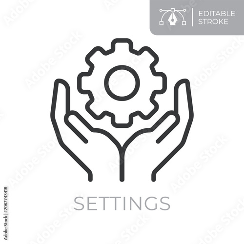 Settings line icon. Editable stroke outline symbol of hands holding gear for configuration, system management, maintenance, optimization and technical support. Flat vector illustration.