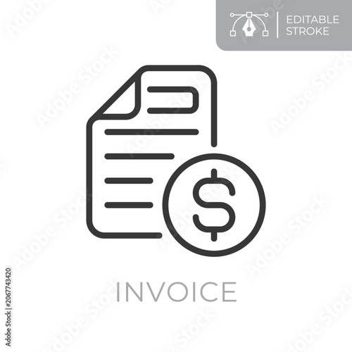 Invoice line icon. Editable stroke outline symbol of document wiht dollar coin for billing, invoicing, payments, financial records and transaction management. Flat vector illustration.