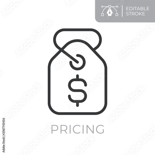 Pricing line icon. Editable stroke outline symbol of price tag with dollar sign for pricing, cost, rates, fees, billing and financial plans. Flat vector illustration.
