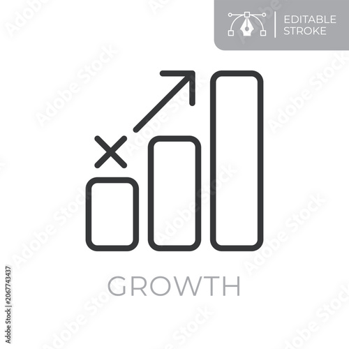 Growth line icon. Editable stroke outline symbol of rising bar chart and upward arrow for business growth, performance improvement, revenue increase and success. Flat vector illustration.