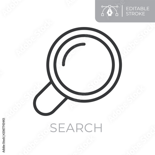 Search line icon. Editable stroke outline symbol of magnifying glass for search, discovery, analysis, lookup, navigation and information retrieval. Flat vector illustration.