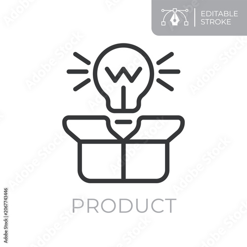 Product line icon. Editable stroke outline symbol of light bulb emerging from open box for product development, innovation, new ideas, creative solutions and business growth. Flat vector illustration.