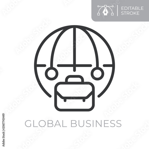 Global business line icon. Editable stroke outline symbol of briefcase inside globe for international business, global trade, worldwide operations and corporate expansion. Flat vector illustration.