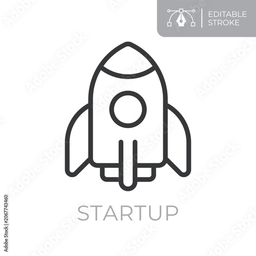 Startup line icon. Editable stroke outline symbol of rocket for business launch, innovation, entrepreneurship, growth, new ventures and space exploration. Flat vector illustration.