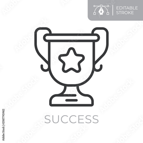 Success line icon. Editable stroke outline symbol of trophy cup with star for achievement, awards, recognition, victory and business success. Flat vector illustration.